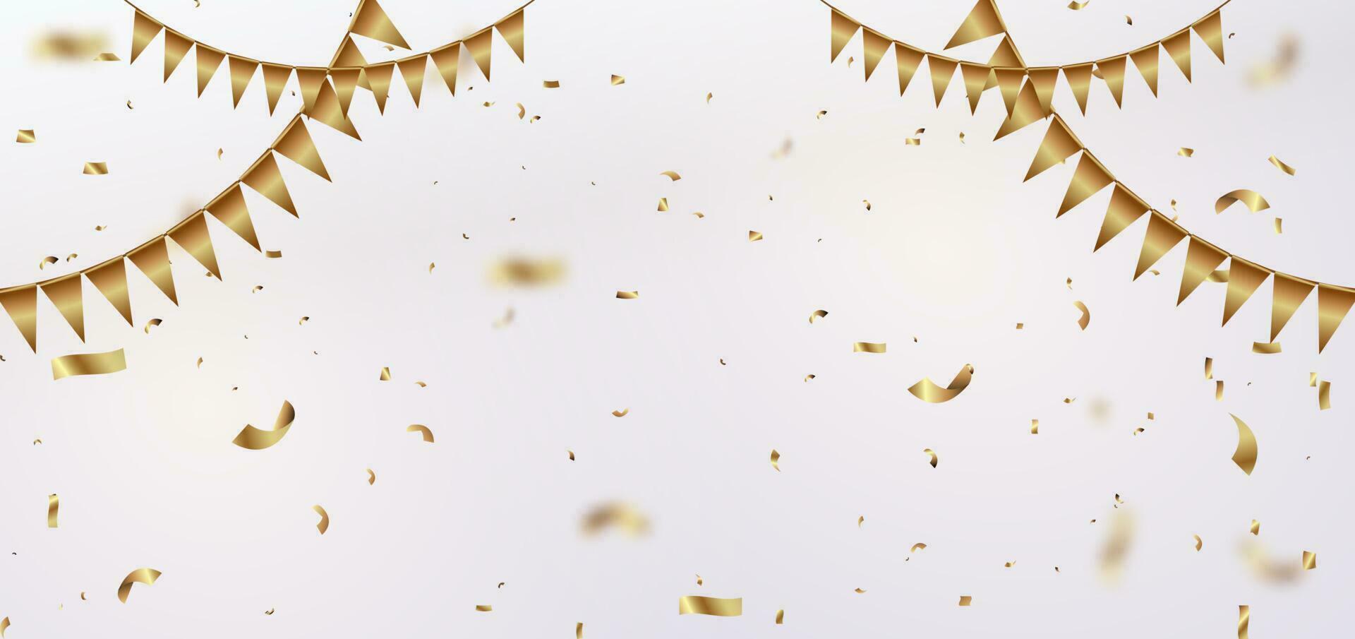 Golden confetti banner and flag on white background. Celebration party happy concept. vector