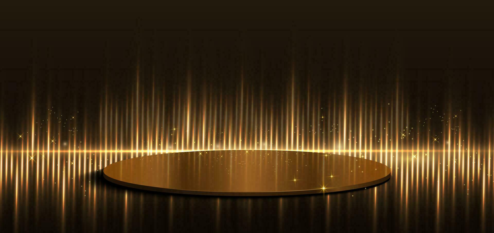 Golden light lines elegant with circle podium and lighting effect sparkle on black background. Template premium award design. vector