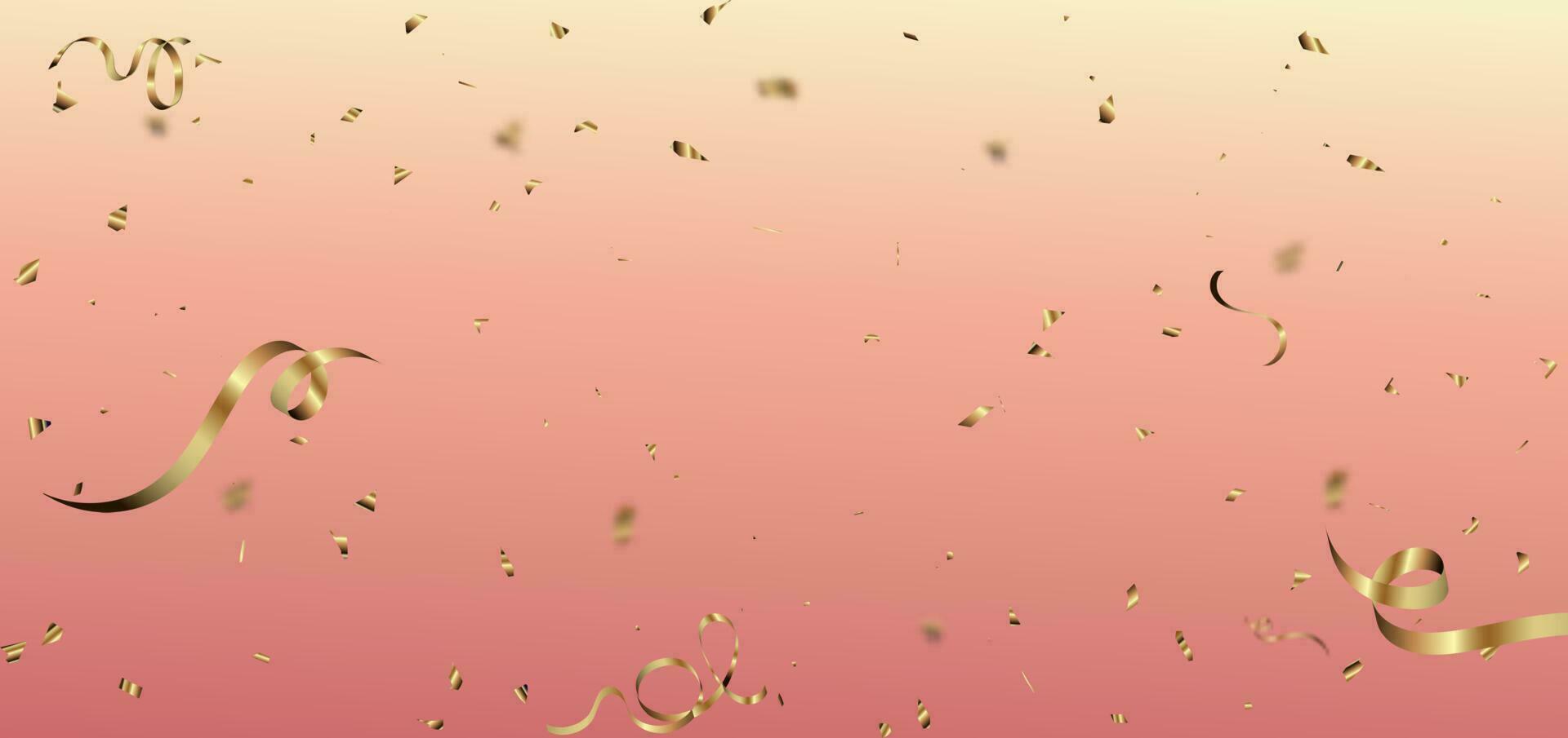 Golden confetti banner and ribbon on rose gold background. Celebration party happy concept. vector