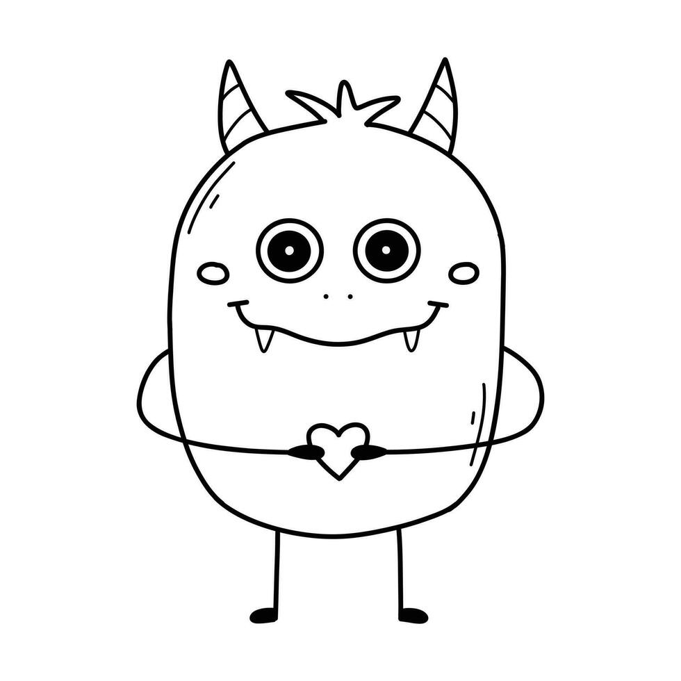 Cute monster in doodle style. Linear baby monster. Coloring book for children. Vector illustration. Isolated mascot.