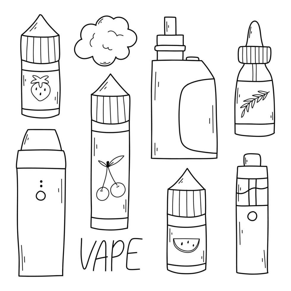 Vape set. vape liquids. Collection of electronic cigarettes in doodle style. Vector illustration.