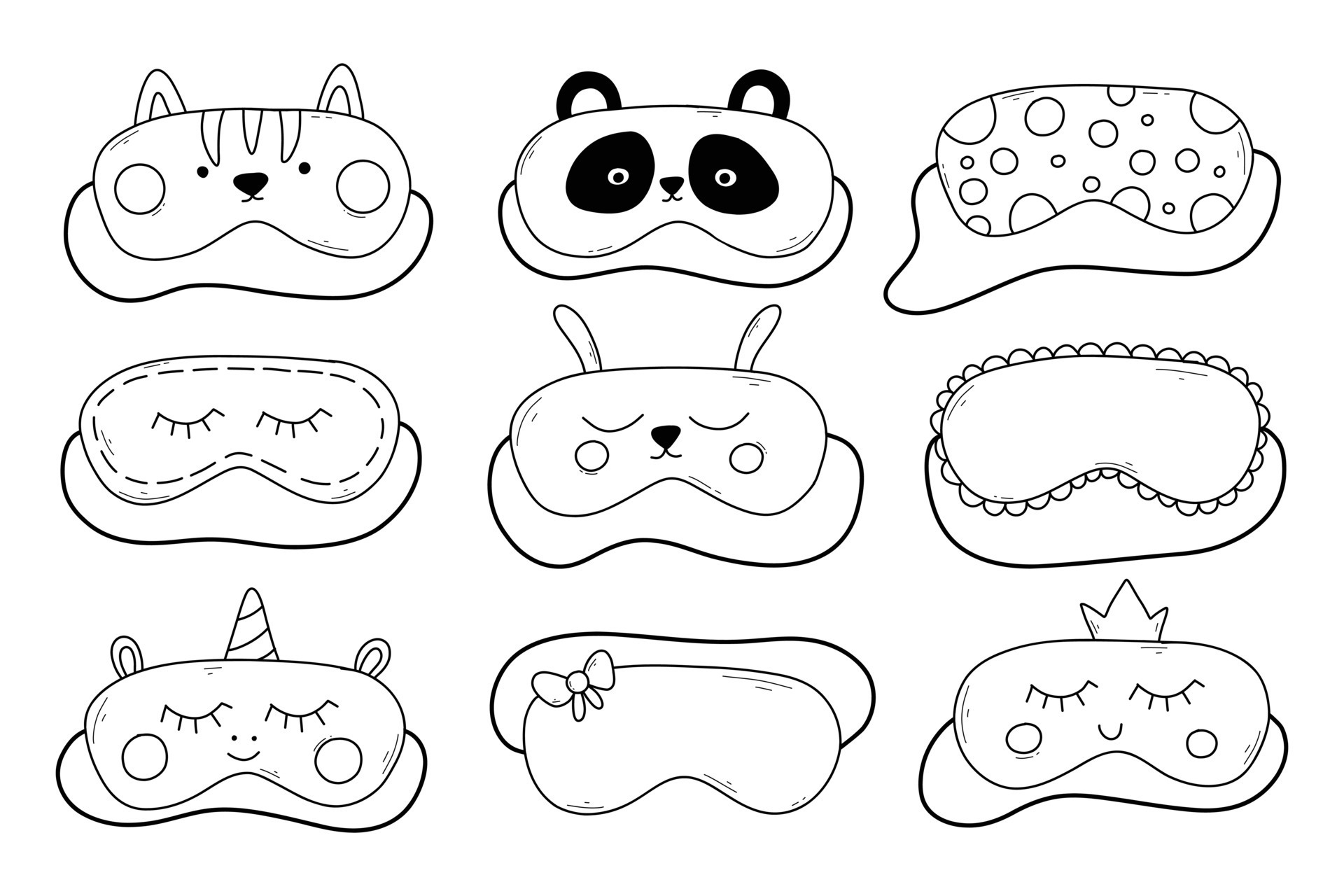 Set of sleep masks in doodle style. Collection of linear masks. Vector