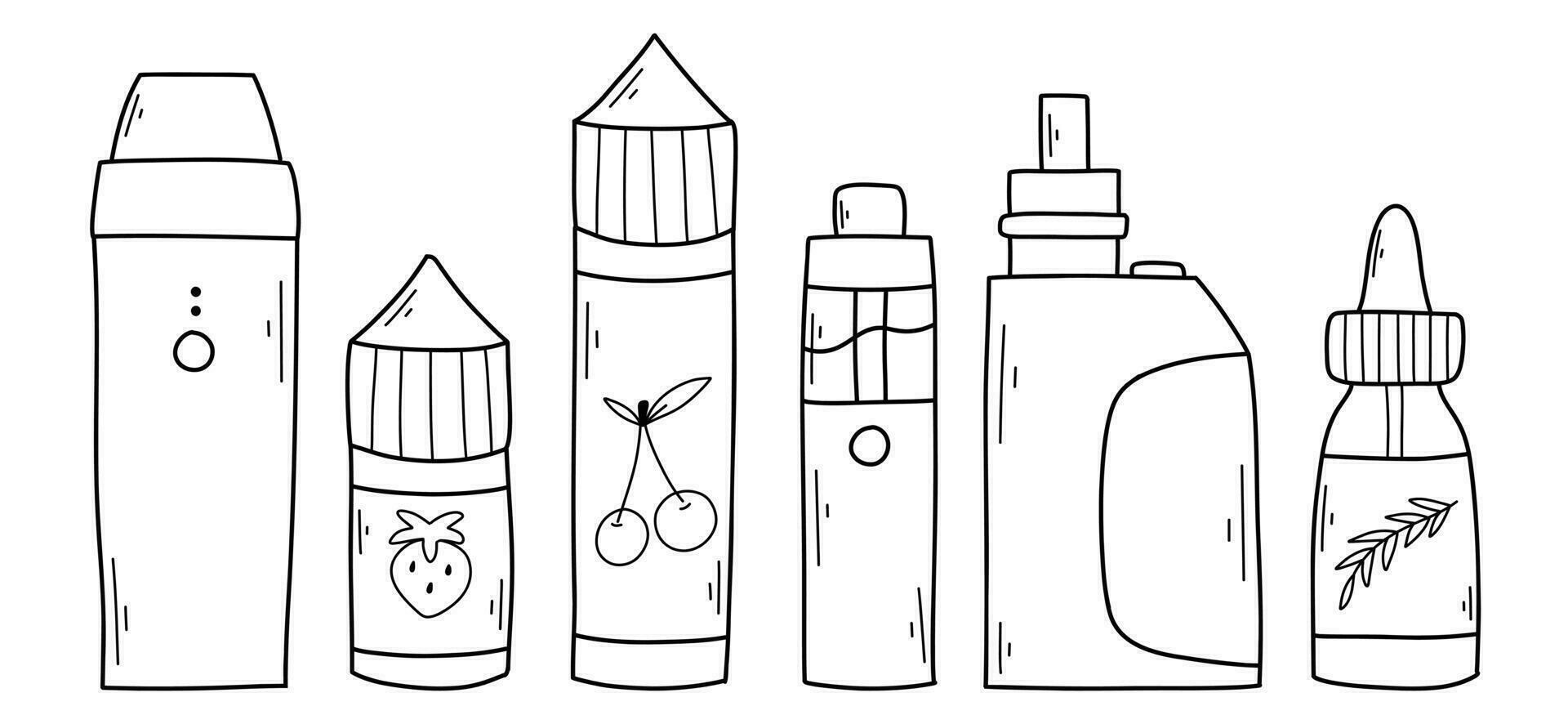 Vape set. vape liquids. Collection of electronic cigarettes in doodle style. Vector illustration.