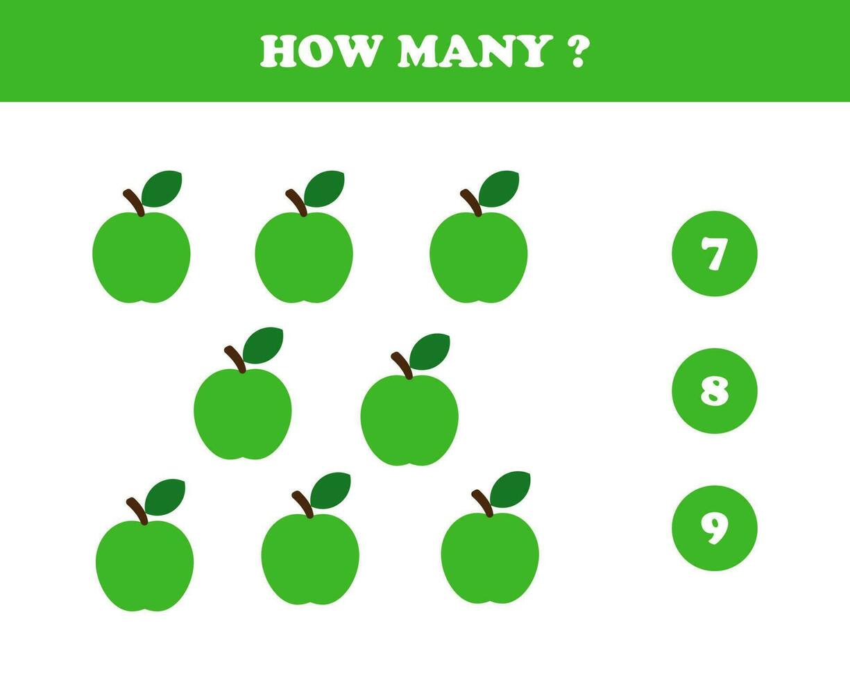 How many, worksheet for kids, apple, vector. vector