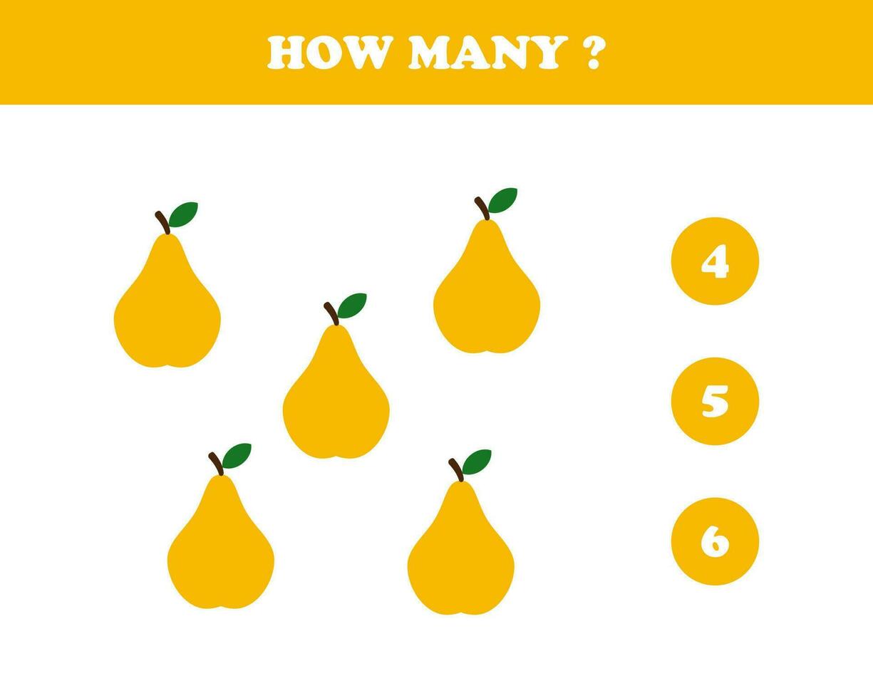 How many, worksheet for kids, pear, vector. vector