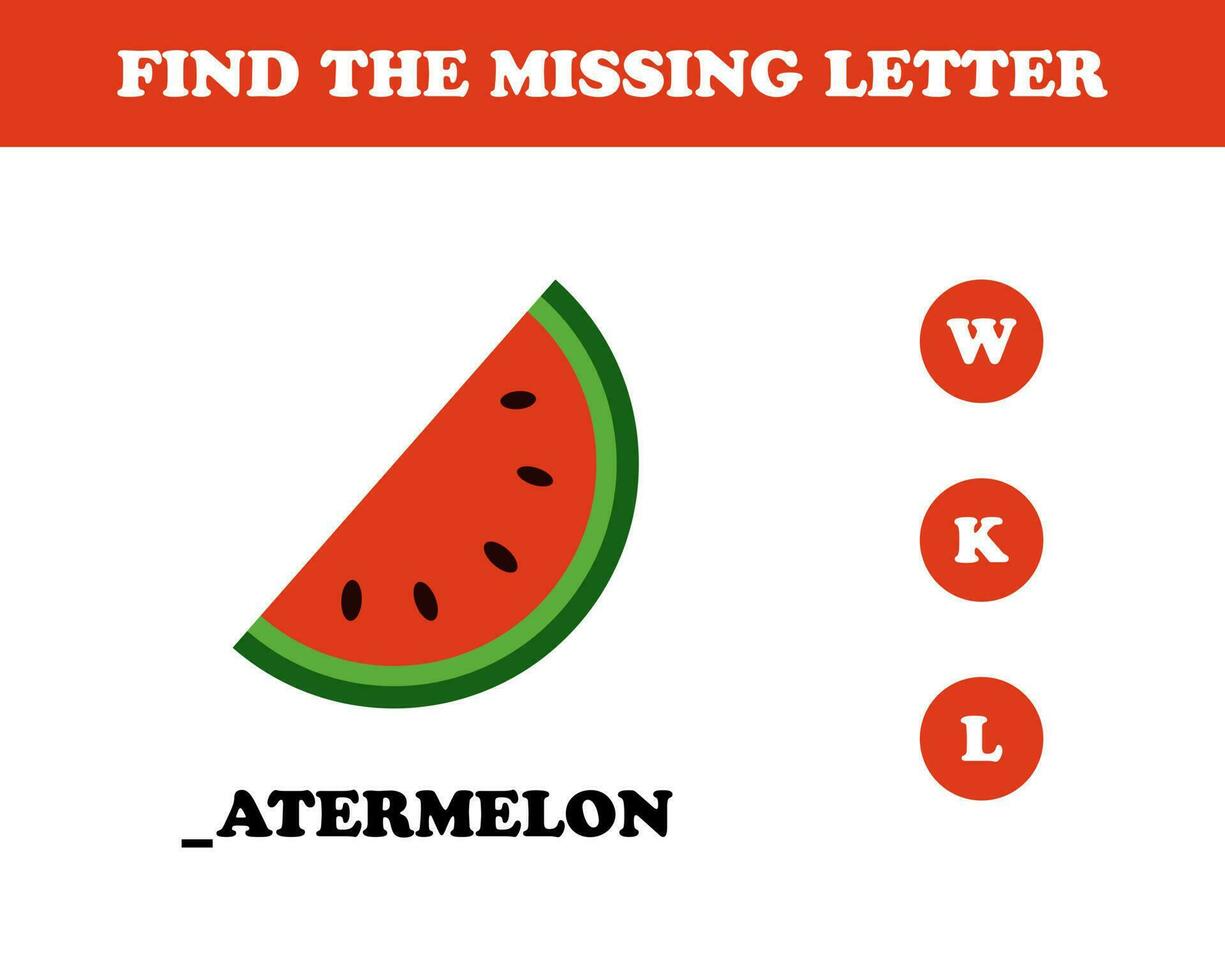 Find the missing letter worksheet for kids, watermelon, vector. vector