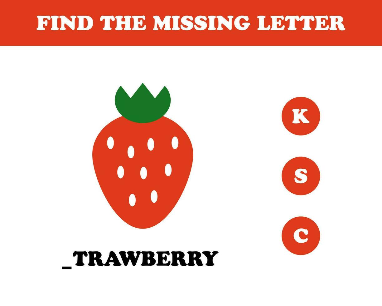 Find the missing letter worksheet for kids, strawberry, vector. vector