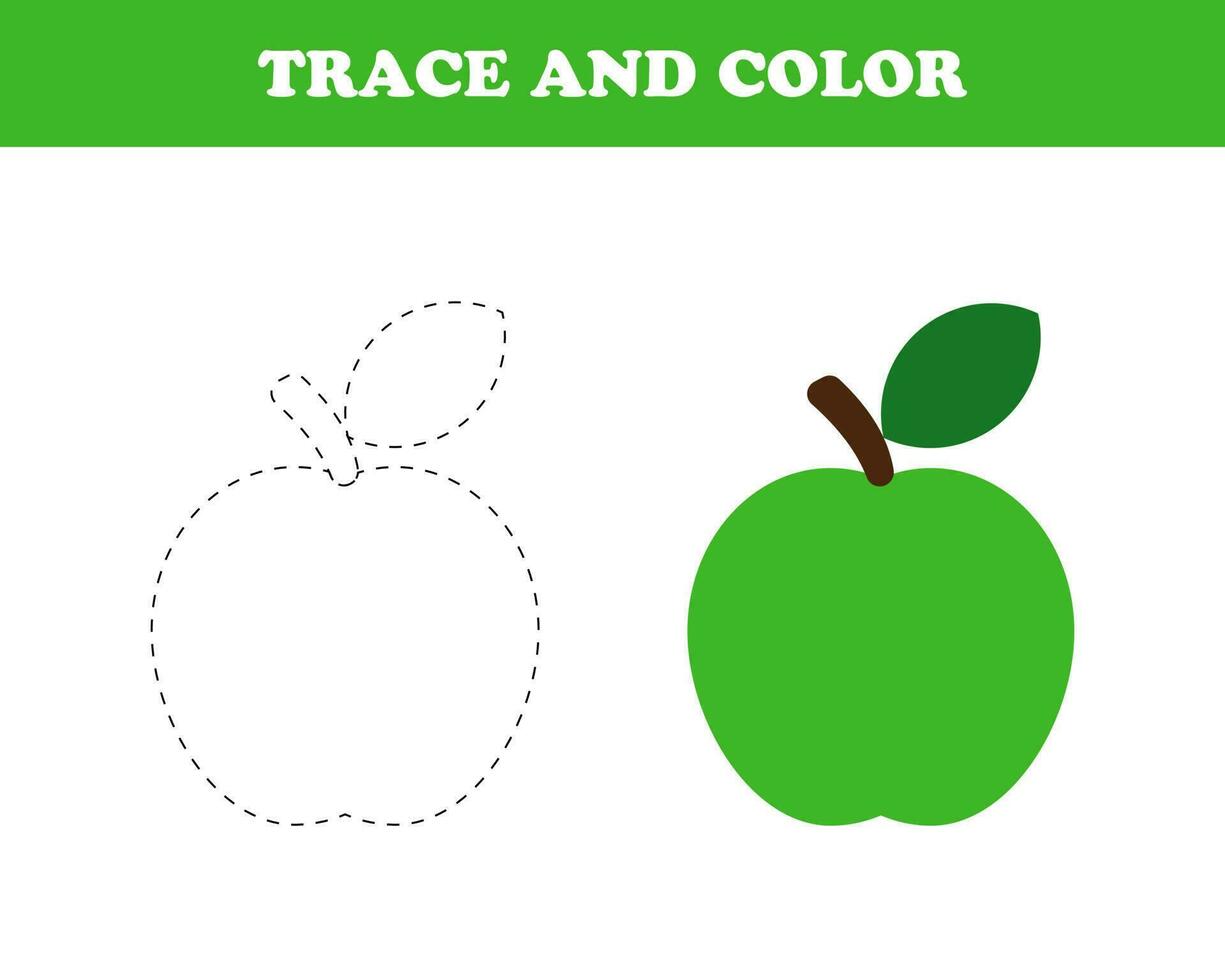 Trace and color worksheet for kids, apple, vector. vector