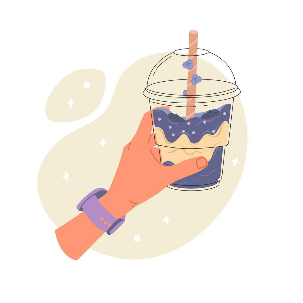 Hands hold bubble tea shakes. Milkshake, asian smoothie and mocha in glasses. Drink party, sweet beverages desserts, decent bubbles drinks. Vector stock illustration.
