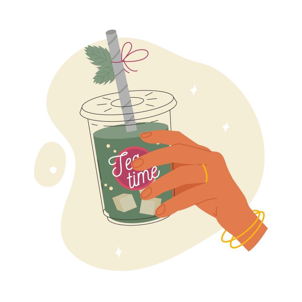A womans hand holds a refreshing iced tea in a plastic glass with a straw. Summer sweet tea with mint. Japanese matcha tea. Vector stock illustration isolated on white background.