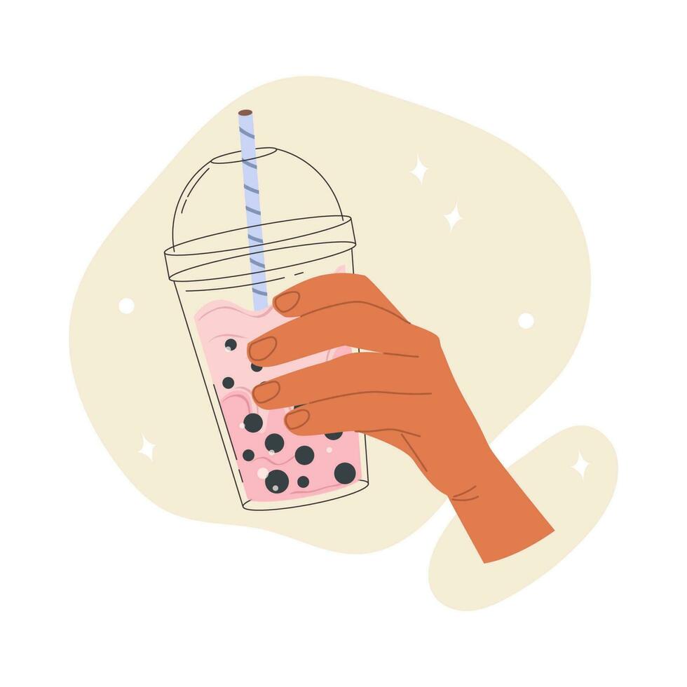 plano vector ilustración de un mano participación frío taiwanés té con Leche y tapioca en un el plastico taza. aislado diseño en un blanco antecedentes. vector valores ilustración.