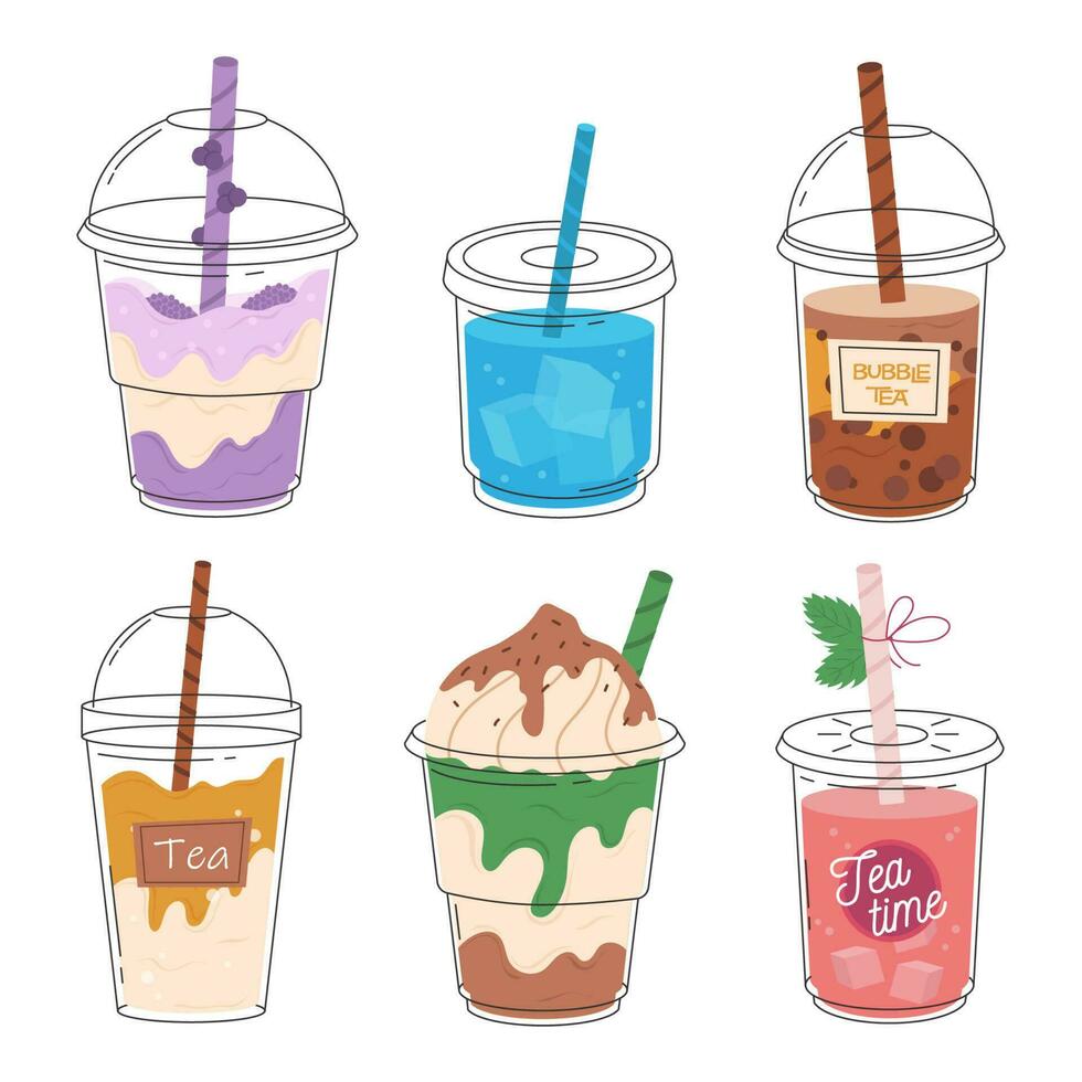 un conjunto de taiwanés burbuja té lechoso en un transparente o vaso taza. Leche refrescante cóctel con crema. frío té con hielo. vector ilustración para diseño de pancartas, menús refrescante verano beber.