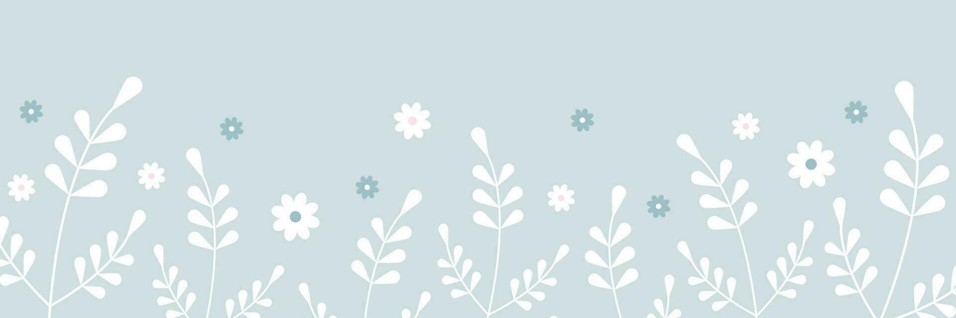 Delicate floral border. Banner with white twigs and flowers. Vector illustration. Summer botanical background.