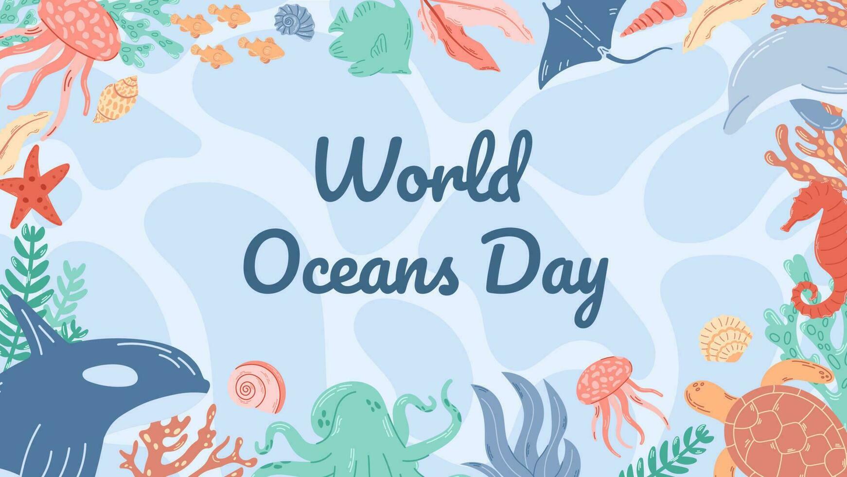 Horizontal banner for world ocean day with underwater ocean, dolphin, killer whale, coral, sea plants, octopus, jellyfish and turtle. vector