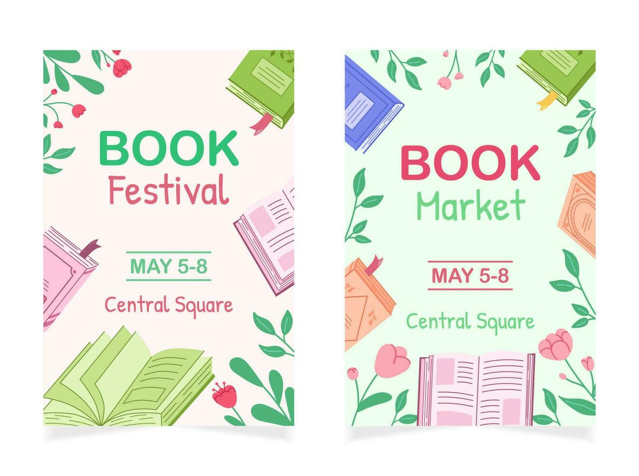 conjunto de dos carteles con libros a anunciar un literario mercado o festival. plantillas con libros y flores para libro publicidad, librería venta. mano dibujado vector ilustración.