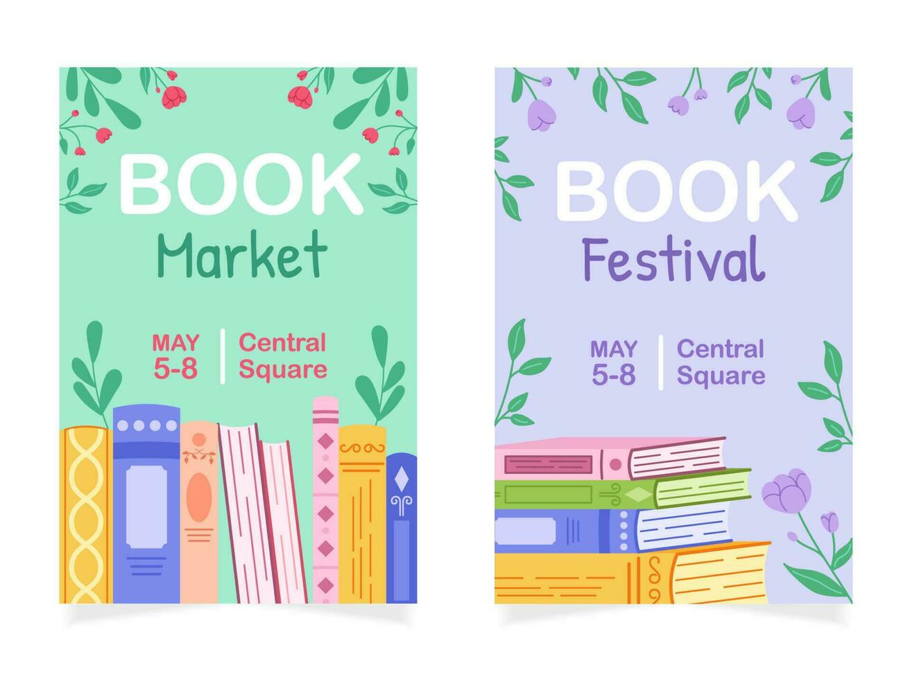 un conjunto de dos publicidad carteles para un literario evento en librerías o bibliotecas mano dibujado color ilustración de libros y flores vector