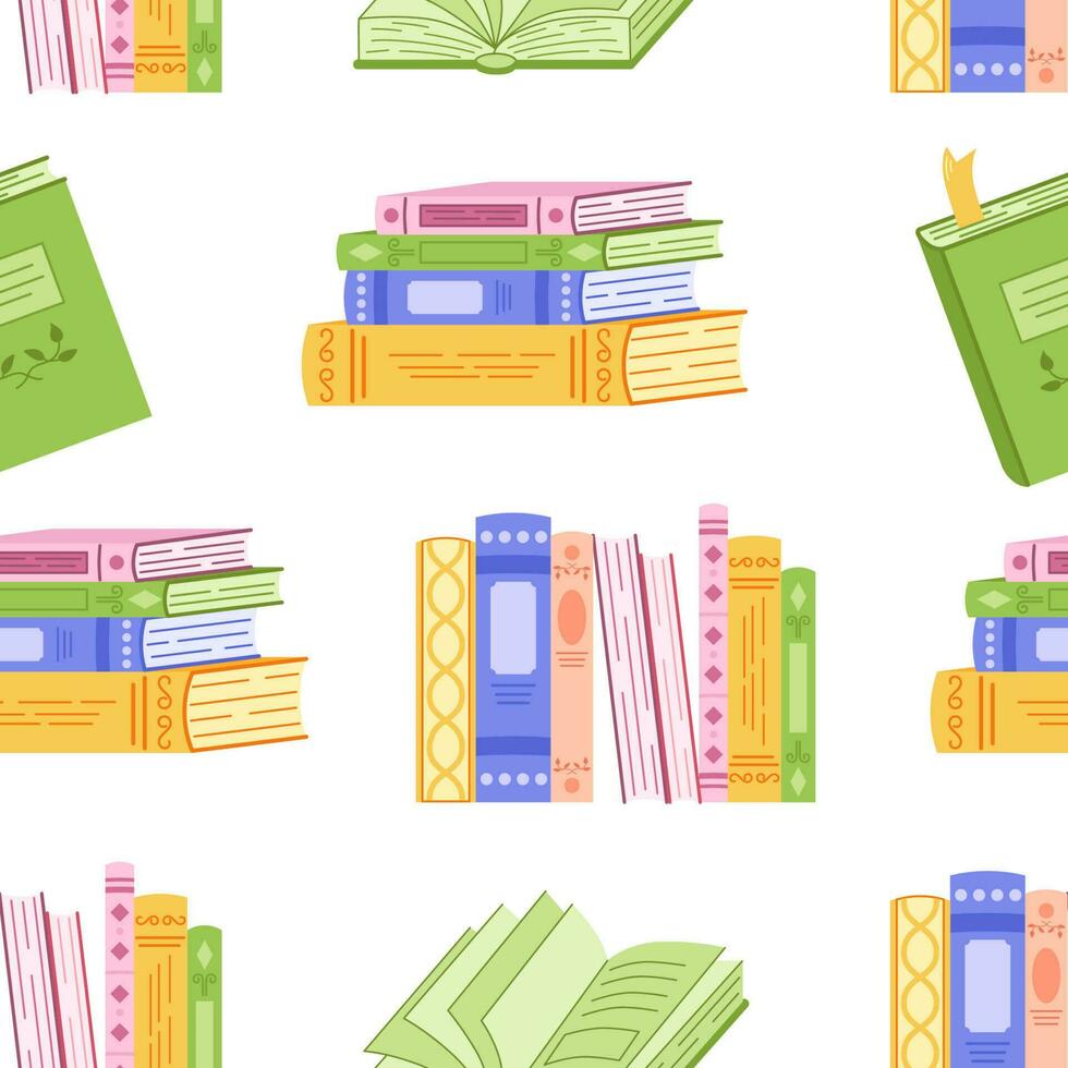 Seamless pattern with stacks of books with colorful covers. Vector seamless hand drawn illustration of books.