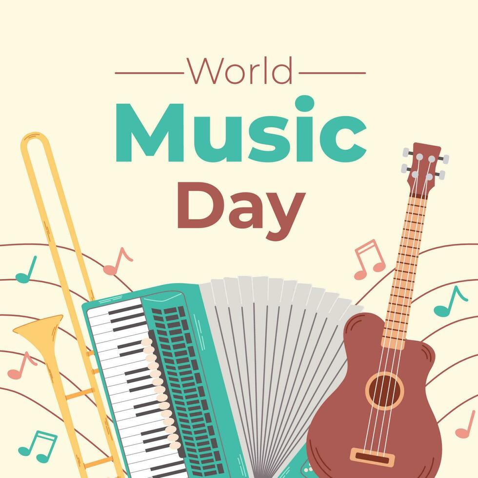 Square background for world music day celebration. Colorful template with musical instruments. Template for invitations, posters, promotions. vector