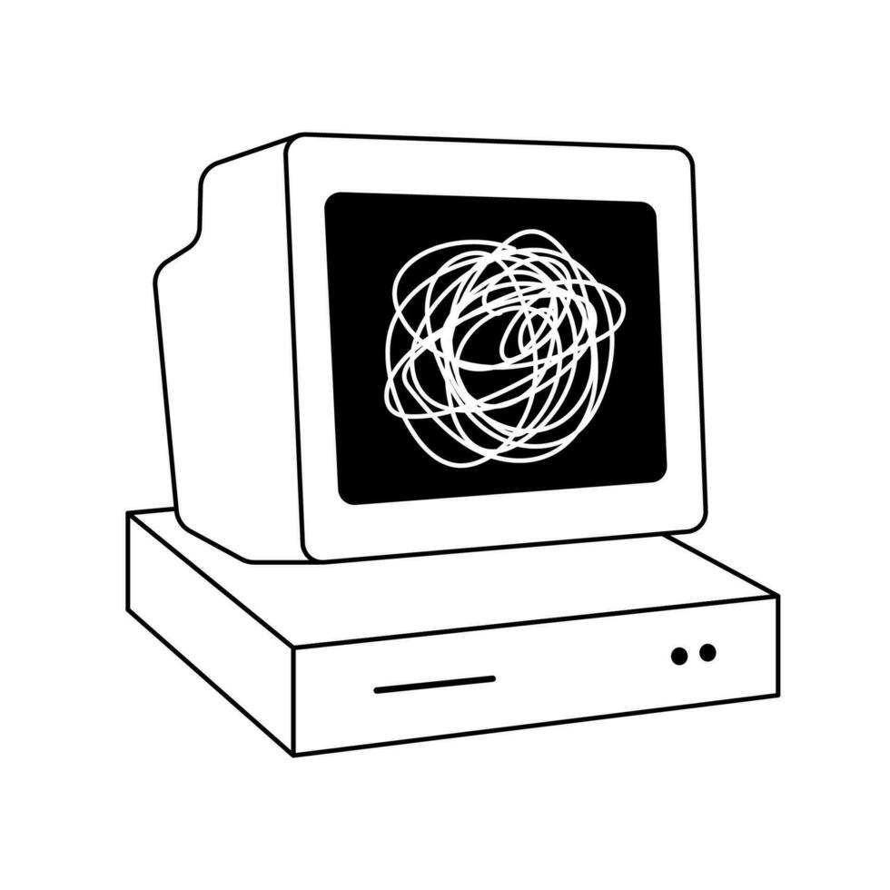 Old computer monitor with error. Vector illustration. 90s and y2k PC style. Black and white drawing of retro computer display with problem.