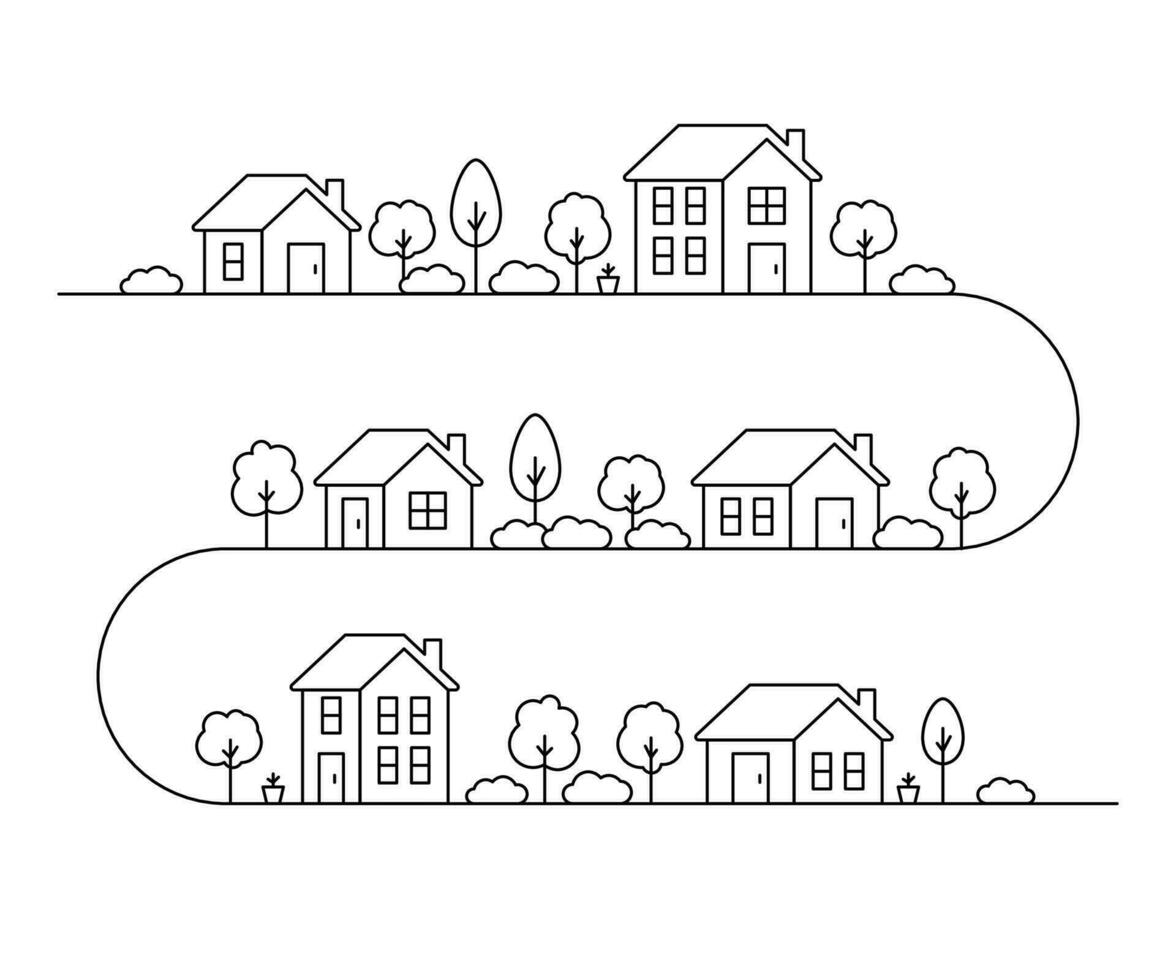 Neighborhood house, line art. Street building, real estate architecture, apartment. Facade home in country city landscape. Vector outline illustration