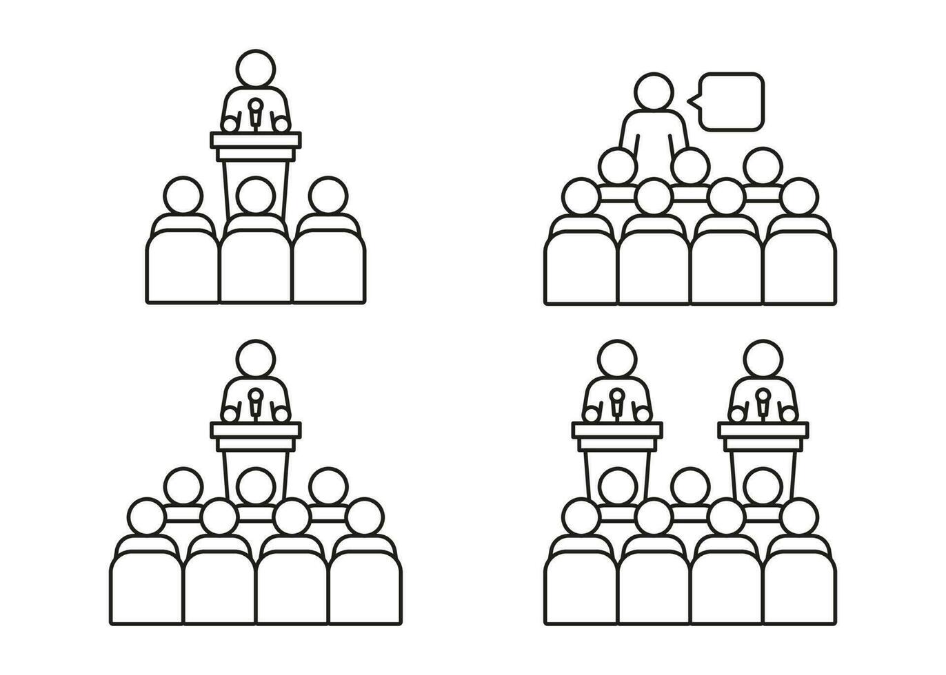 Lector man speech behind podium on conference with audience spectator, line icon set. Speaker on tribune by leader, businessman, teacher talking before of people spectators back. Vector outline