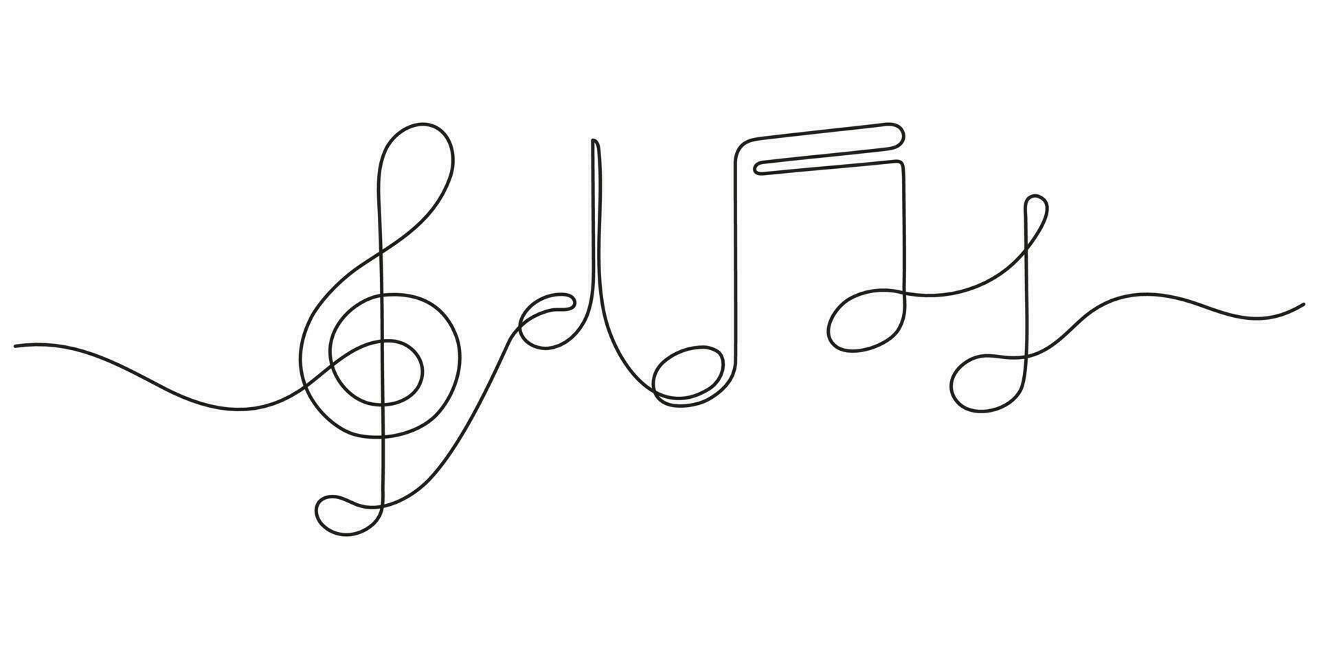 Music note and treble clef, continuous one art line drawing. Music concept. Hand drawn doodle sketch. Vector illustration
