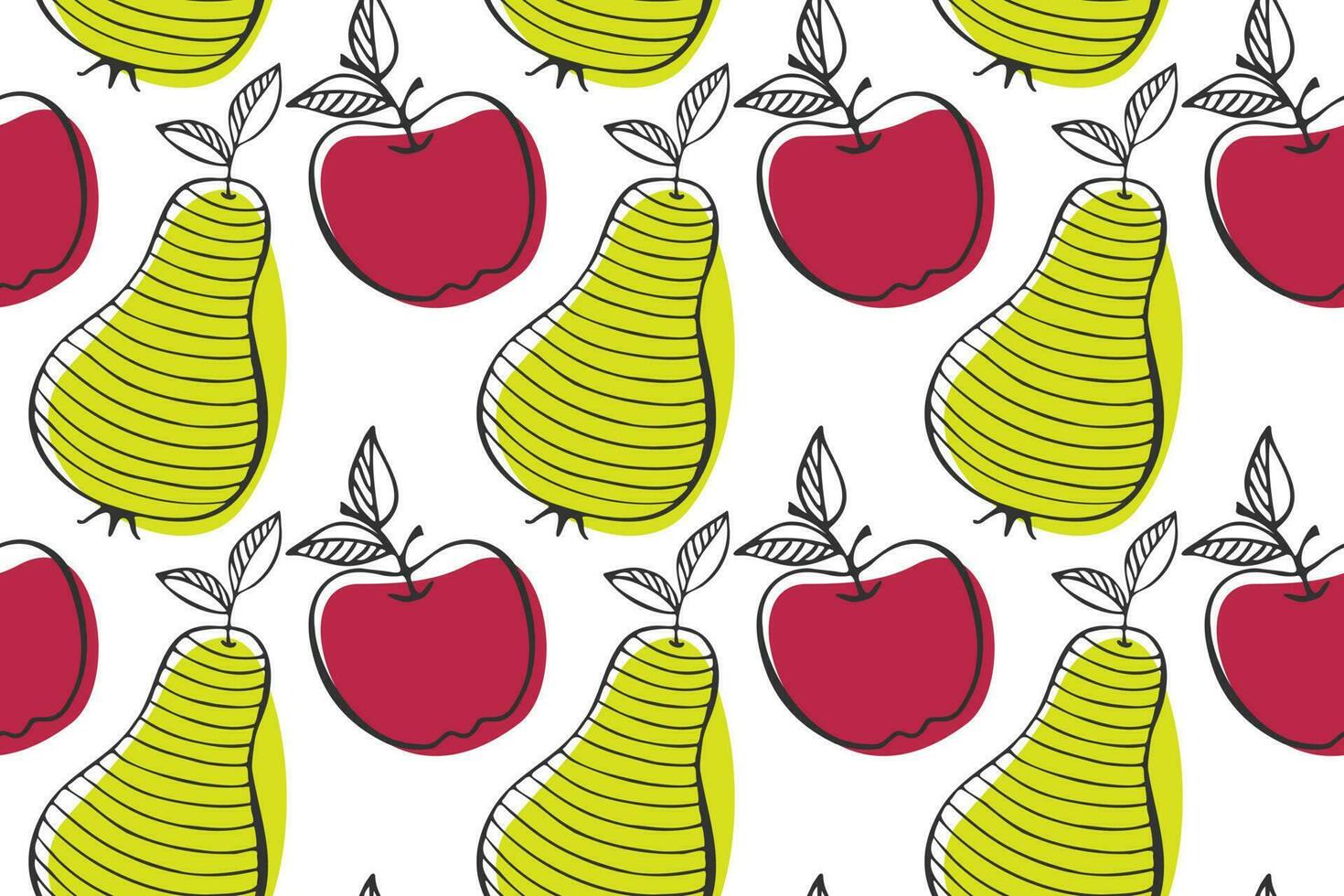 Pattern apple Viva magenta colors and green spot pear  doodle hand drawn. vector