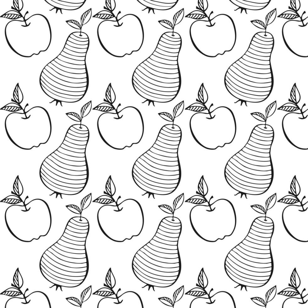 Pattern apple and pear doodle hand drawn contour. vector