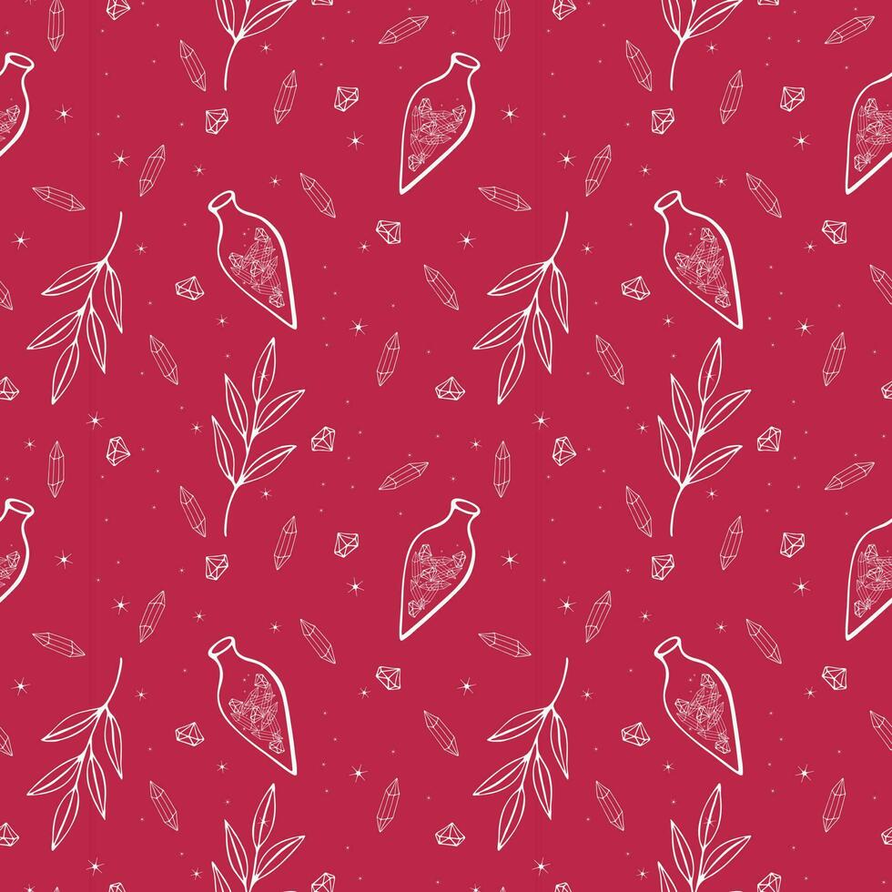 Pattern Viva Magenta color trend 2023 with potion crystals magic bottle witchcraft . vector