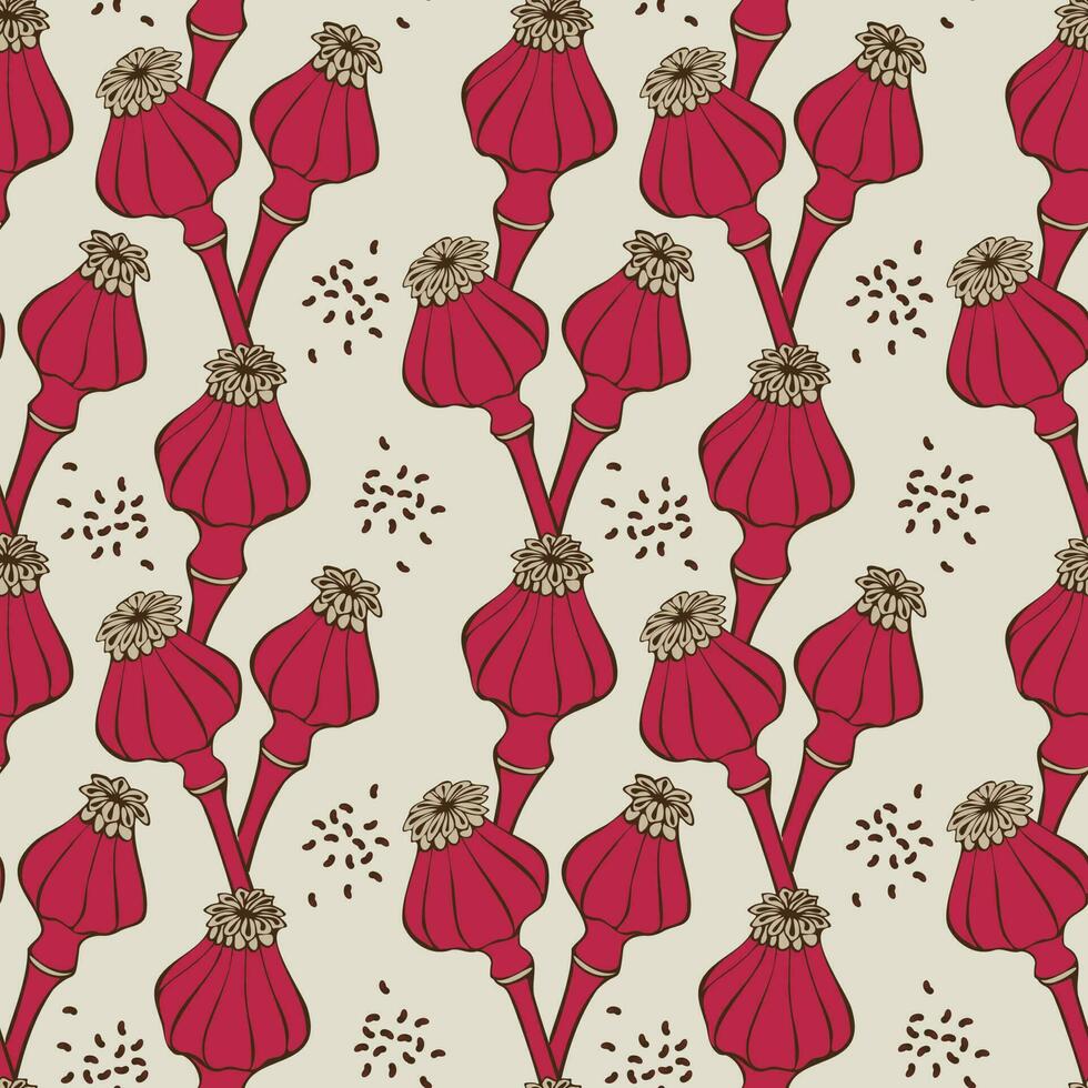 Pattern poppy seed pods Viva Magenta, stylized hand drawn doodle. vector