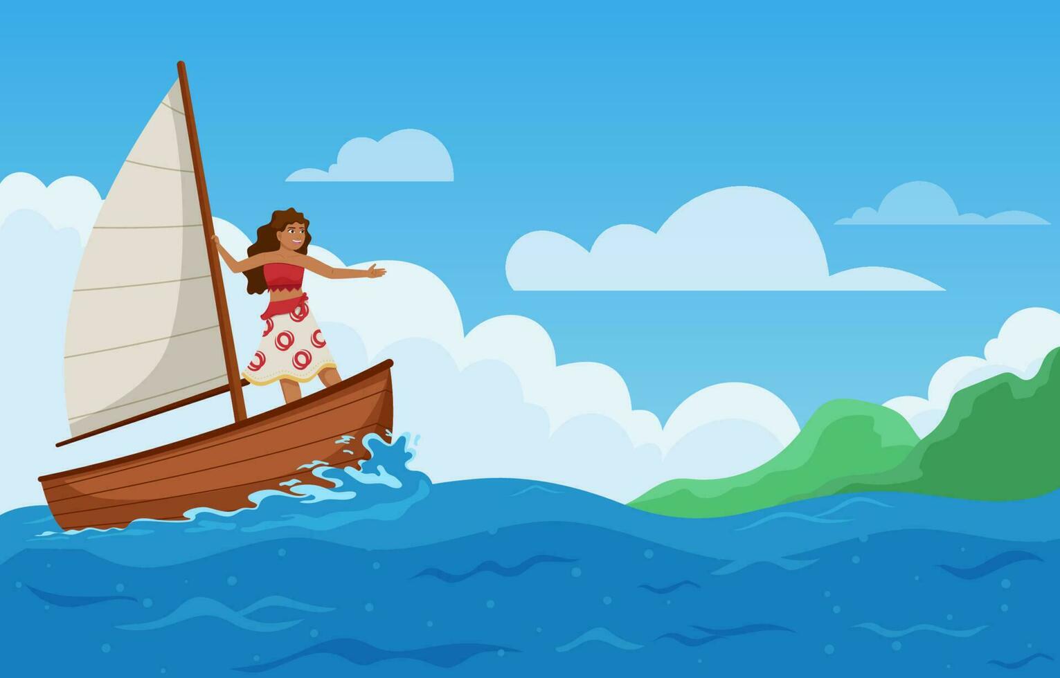 Hawaiian Girl Sailing with Her Boat in the Ocean vector