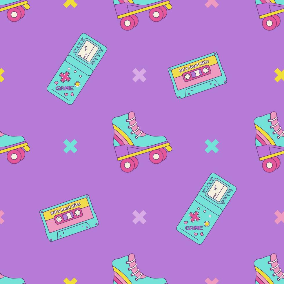 Vintage seamless pattern 80s 90s, roller skates, cassette tape, geometric shapes in Memphis style. Vector retro print on checkered background