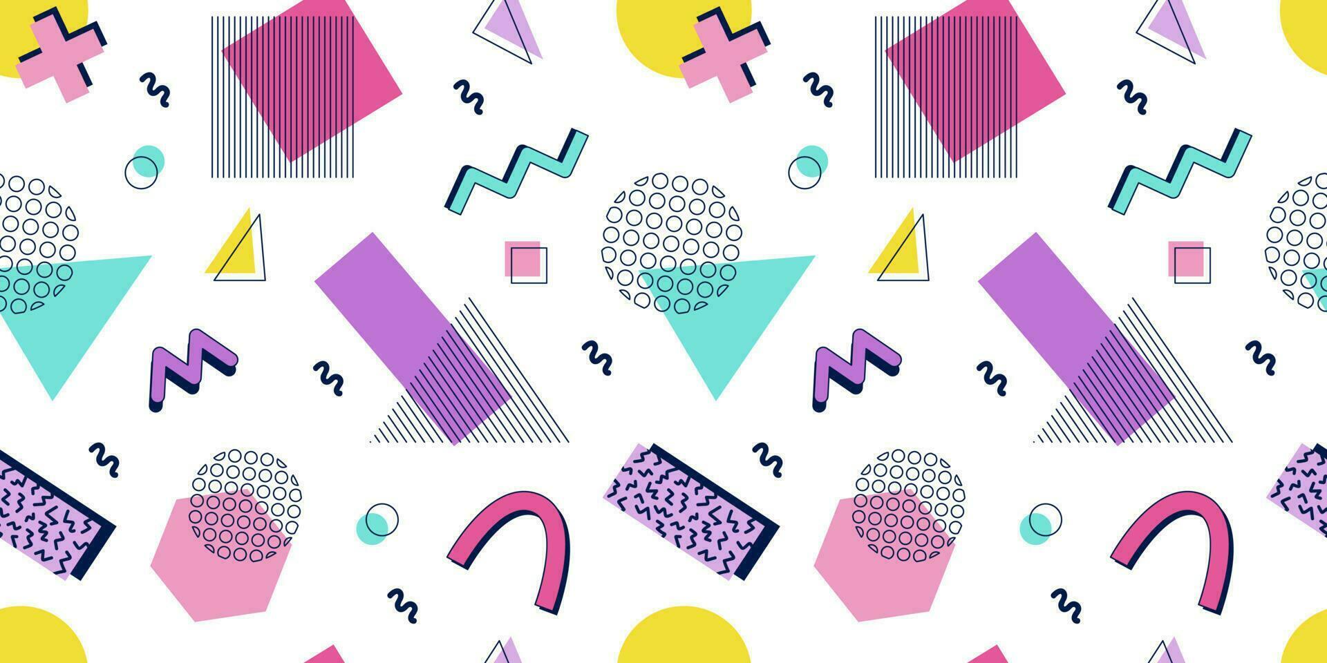 Abstract seamless pattern 80s 90s with geometric shapes in the Memphis style. Vector retro hipster print