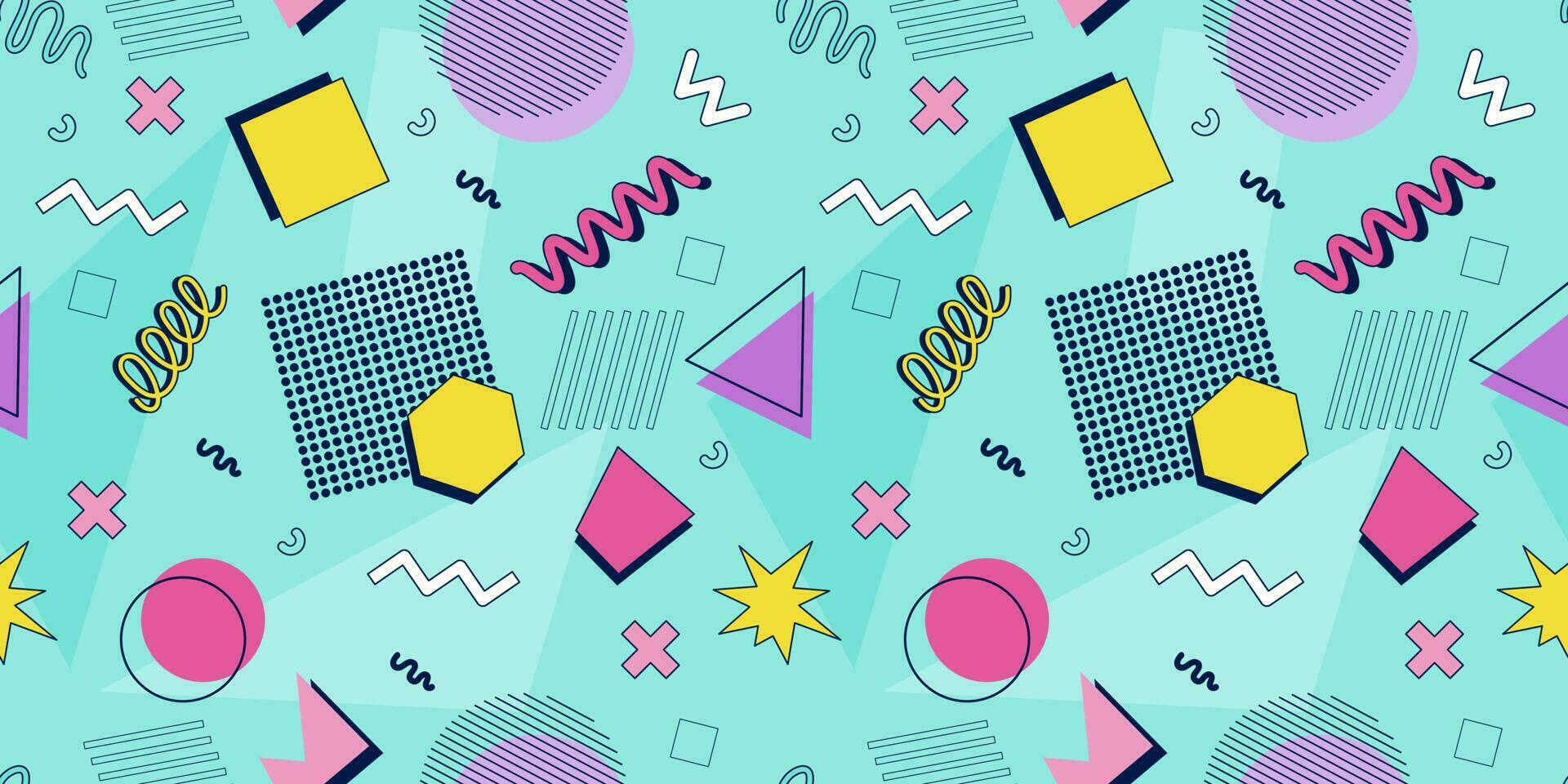 Abstract seamless pattern 80s 90s with geometric shapes in the Memphis style. Vector retro hipster print