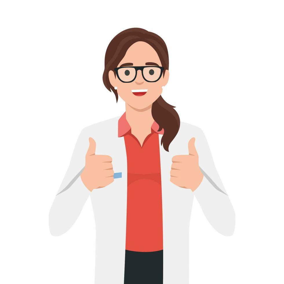 Beautiful girl doctor in a medical coat shows gesture thumbs up two hands vector