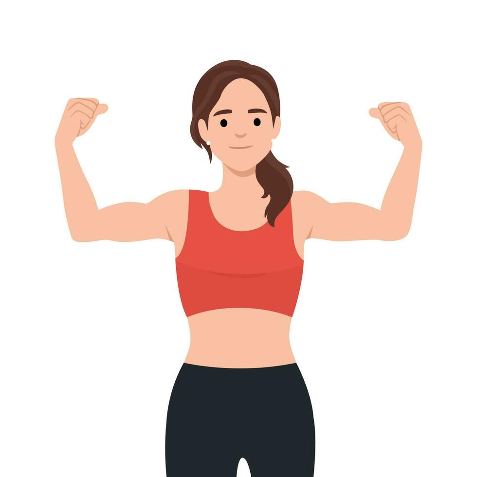 Beautiful young strong powerful woman showing her muscles vector