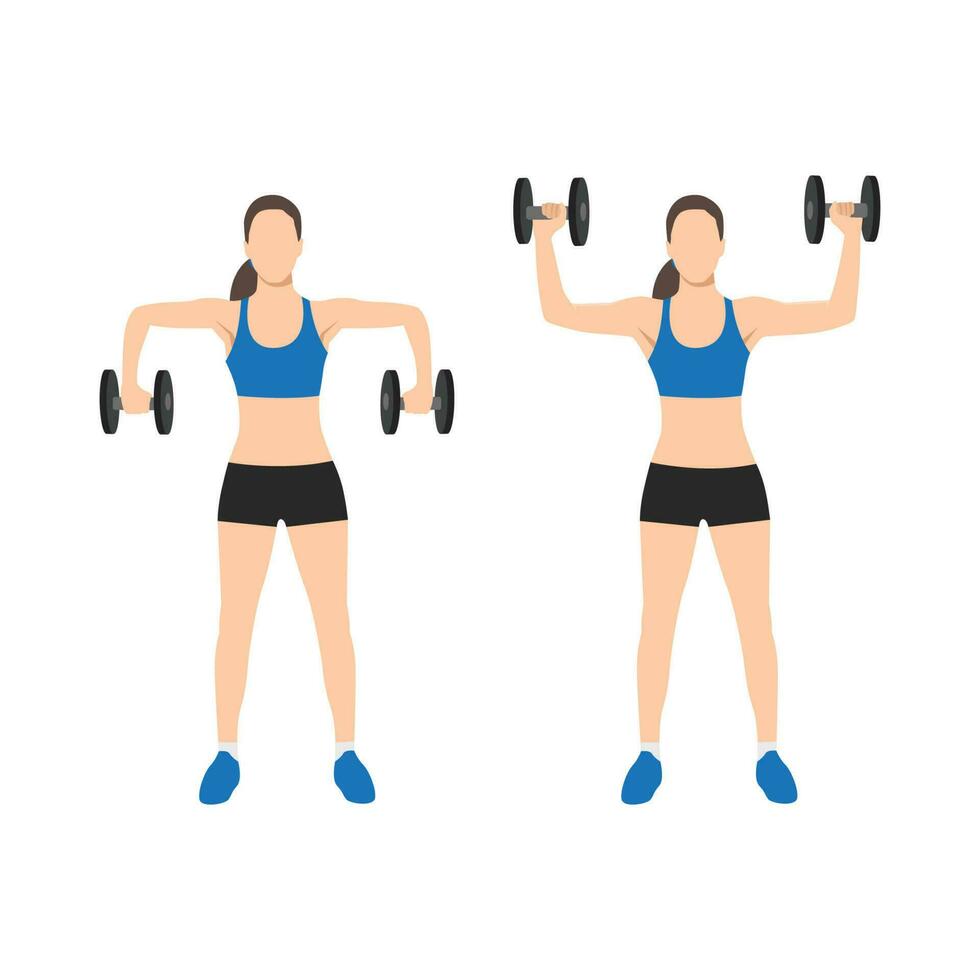 Woman scarecrow arms elbow shoulder rotations with dumbbell. vector