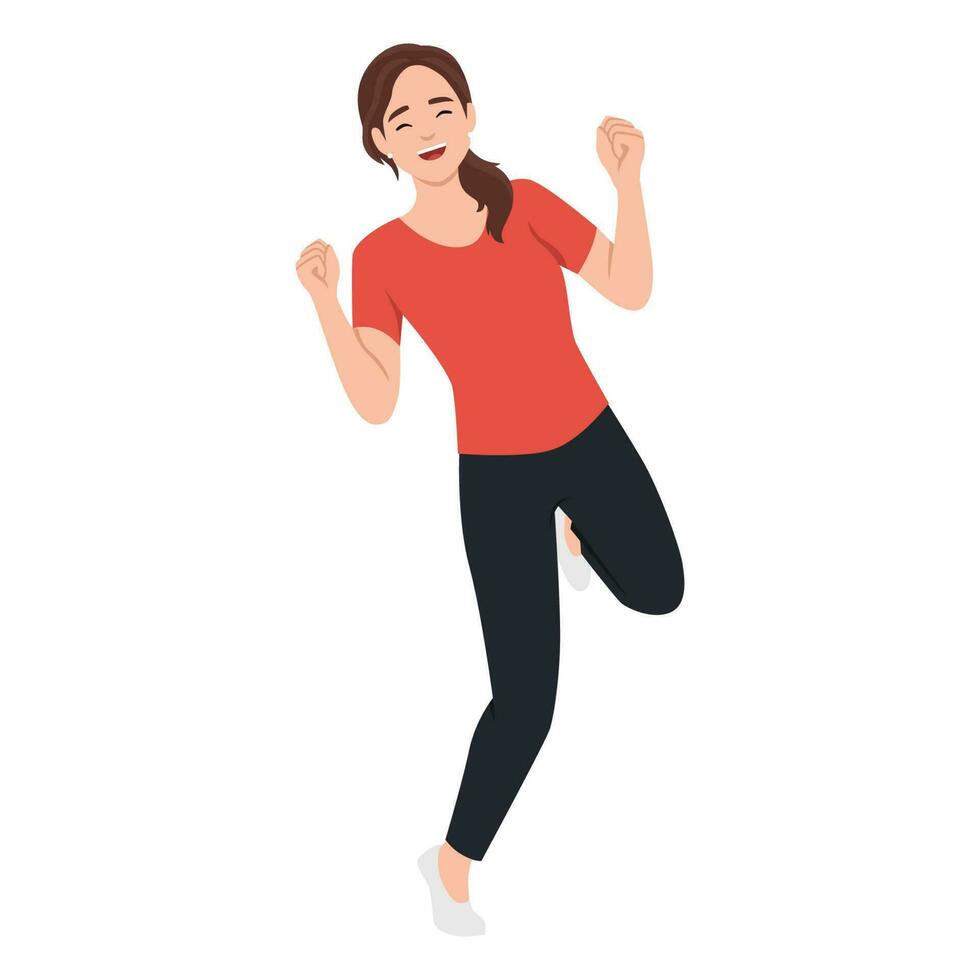 Vector illustration of jumping woman. Cartoon realistic people. Flat young woman. Front view. Happy girl jumping on a white background. Woman in casual clothes