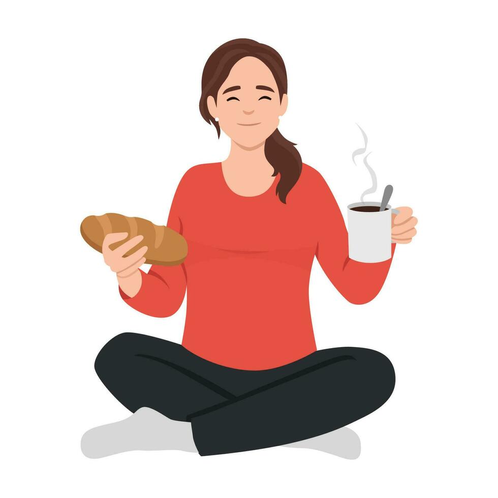 Smiling young woman eating sandwich drinking coffee. Happy girl enjoy lunch with bread and tea. Food break vector