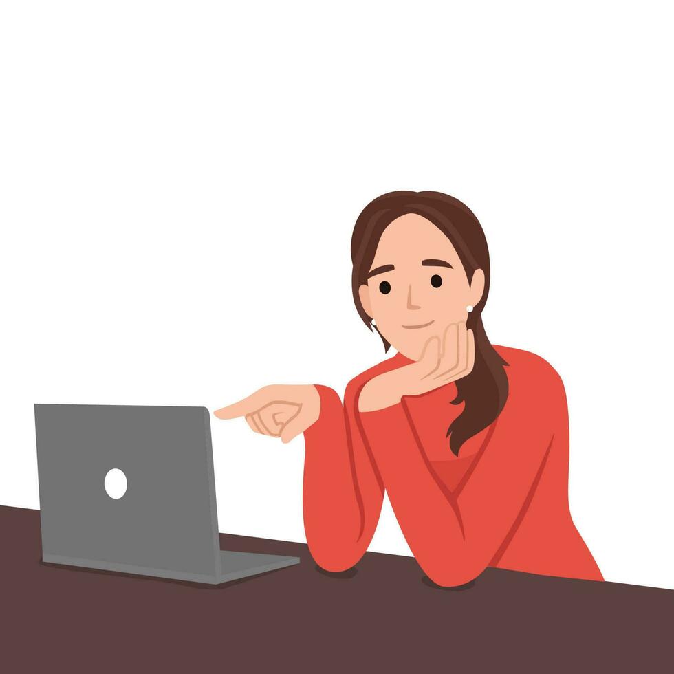 Woman pointing at the laptop while smiling and holding her chin vector