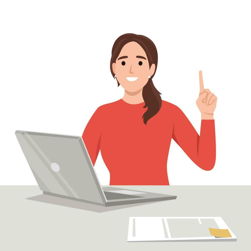 joven mujer de negocios participación un nuevo digital ordenador portátil computadora y señalando dedo arriba. hembra personaje diseño ilustración. moderno estilo de vida, artilugio vector
