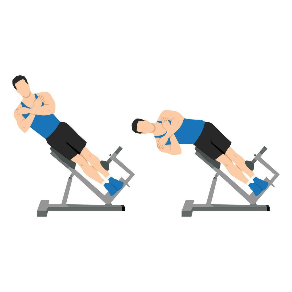 Man doing roman chair side bend or hyperextension bench side bends exercise. vector