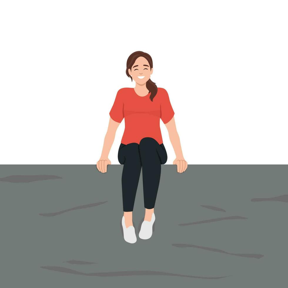 Young happy woman sitting alone on a ledge or edge of wall or cliff. vector