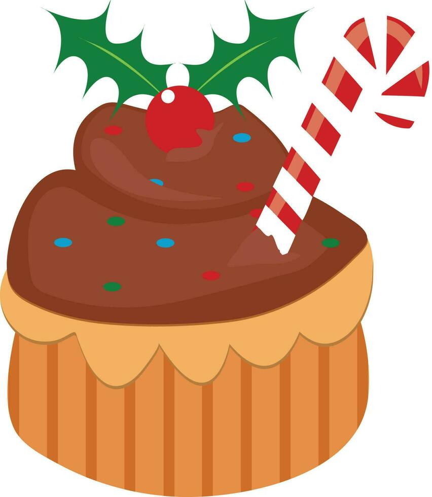 Cupcake with holly berry and candy cane. vector