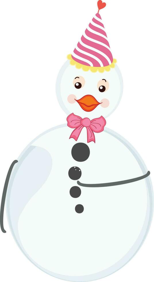 Cartoon snowman wearing party cap and pink ribbon bow. vector