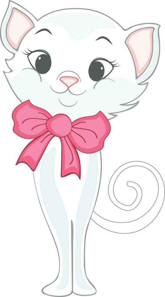 Cartoon cat wearing pink ribbon bow. vector