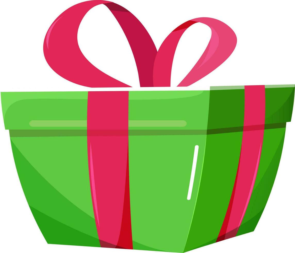 3D illustration of green gift box with pink ribbon. vector