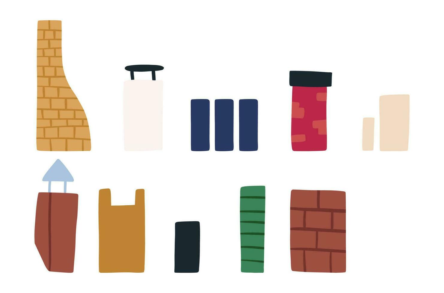 Set of various chimney pipes, hand drawn flat vector illustration isolated on white background. Fireplace element, rooftop pipe. Collection of cute brick pipes.