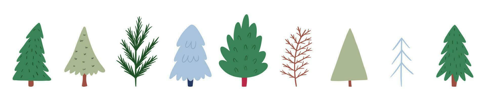 Fir trees set, cute hand drawn flat vector illustration isolated on white background. Various cartoon trees. Concepts of forest, nature, woods and Christmas winter holiday.