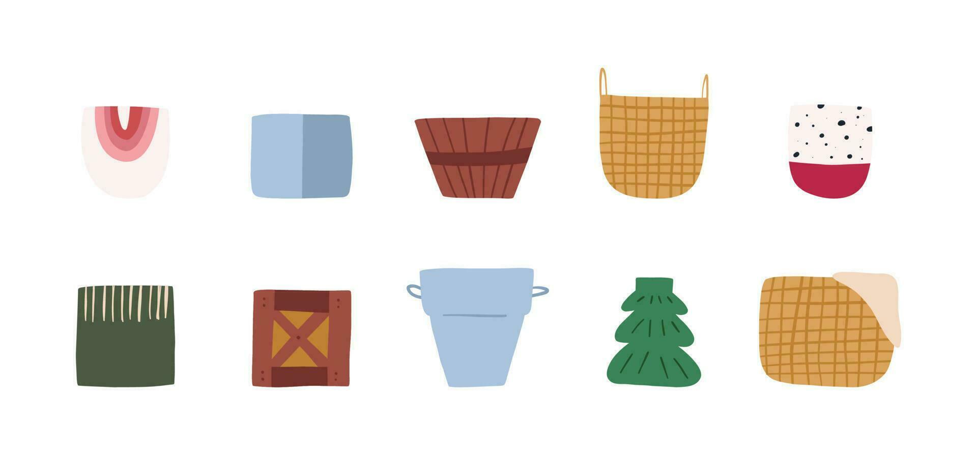 Set of cute hand drawn plant pots, vases, baskets and buckets - flat vector illustration isolated on white background. House decorations, wicker basket for storage, houseplant pot.